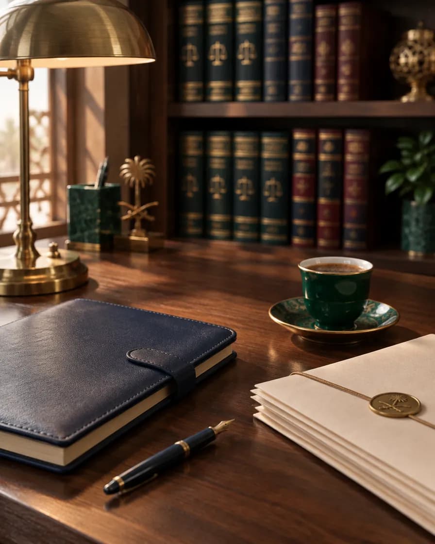مكتب خشبي عليه حافظة جلدية وقلم وفنجان قهوة